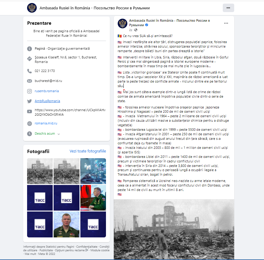 Mostră de propagandă și manipulare pe pagina de Facebook a Ambasadei Rusiei la București