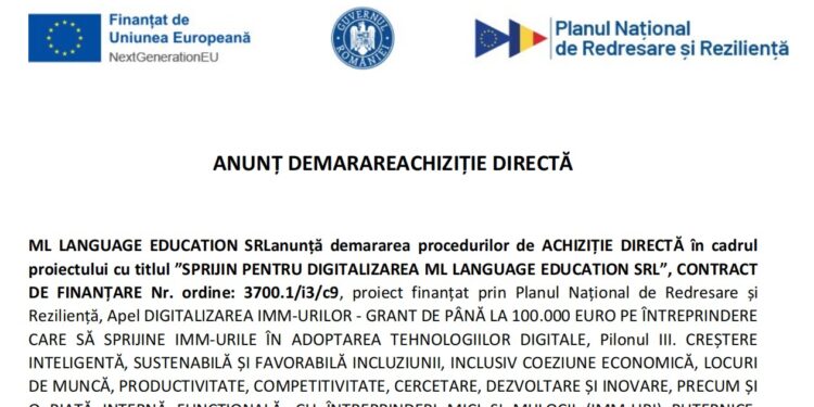ML LANGUAGE EDUCATION SRL lansează achiziția directă pentru servicii digitale în cadrul proiectului de digitalizare finanțat prin PNRR