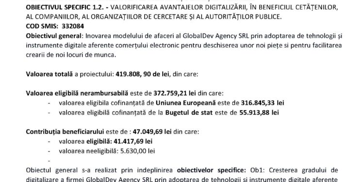 GlOBALDEV AGENCY SRL anunță finalizarea implementării proiectului cu titlul DIGITALIZAREA GLOBALDEV AGENCY SRL