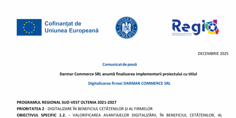 Darmar Commerce SRL anunță finalizarea implementării proiectului cu titlul Digitalizarea firmei DARMAR COMMERCE SRL