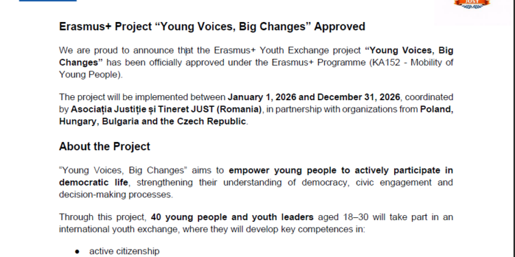 Aprobare proiect Erasmus+ Project “Young Voices, Big Changes”